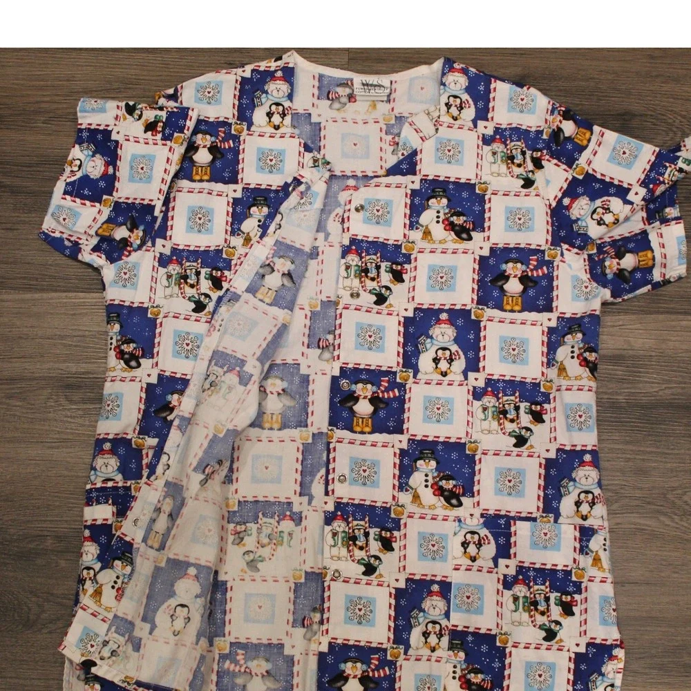White Swan‎ Fundamentally Cotton Holiday Christmas Penguin Snowman Scrub Top M - Picture 7 of 8